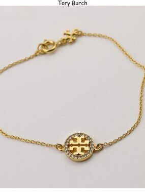 Tory Burch Gold Logo Disc Bracelet with Crystal Halo - Gold